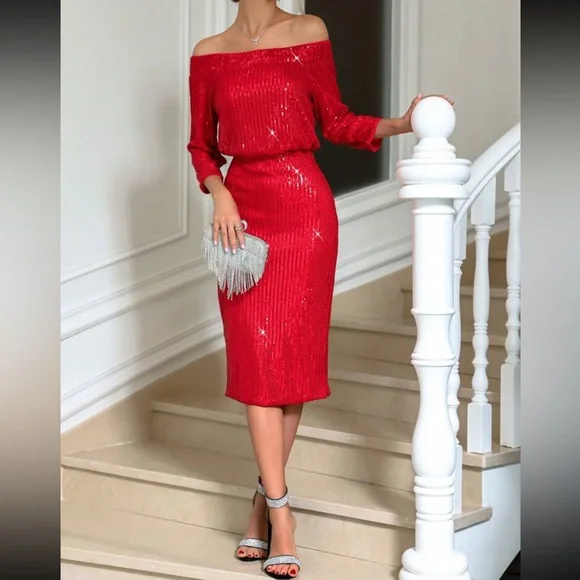 Luxe off shoulder slit thigh midi sequins dress - Picture 6 of 6